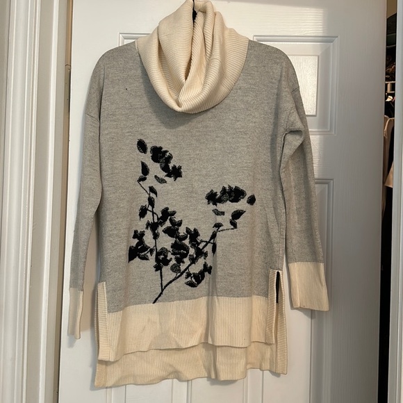 Diane von furstenberg merino wool grey cream floral print turtleneck sweater M - Picture 1 of 9